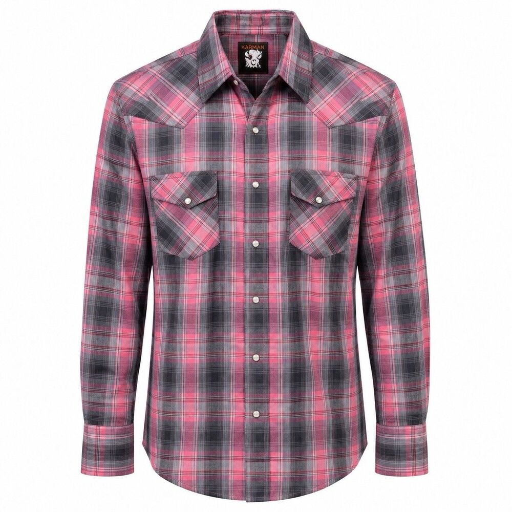 Karman Western Pearl Snap Shirt Plaid Red Gray Long Sleeve Size Large 17 34